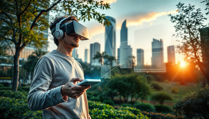 Futuristic Cityscape: Immersive VR Experience at Sunset with Skyscrapers, Ideal for High-Tech Urban Advertisements