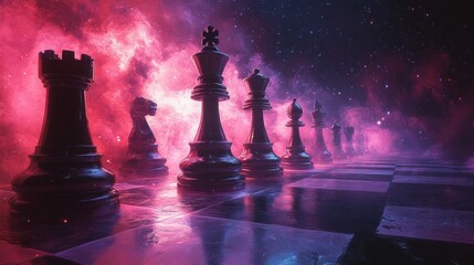 Surreal Chess Scene with Black Pieces Under Neon Lights and Dynamic Smoke Trails