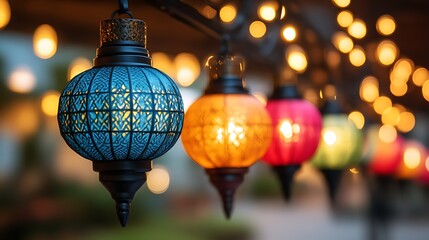 Colorful Hanging Lanterns Illuminate Evening Scene