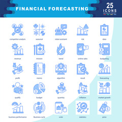 Financial Forecasting icon set containing competitor analysis, seasonal, robot assistant, risk, data, revenue, mission, trend, online sales, budgeting icon. Simple vector