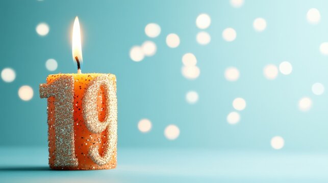 A Brightly Lit Birthday Candle with the Number 19 in Sparkling Design, Surrounded by a Soft Blue Background and Dazzling Bokeh Effect, Perfect for Celebration Moments