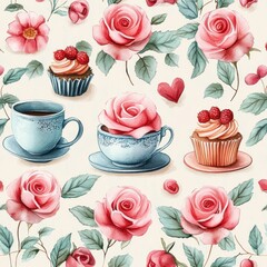 Watercolor Floral Pattern with Pink Roses Cupcakes Teacups and Sweets