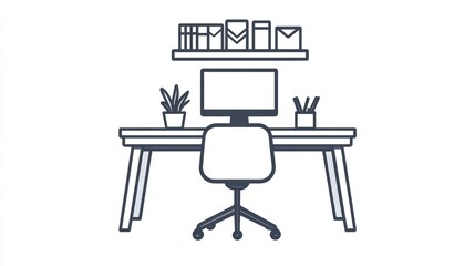 Simple Workspace Outline, Desk, Chair, Computer, Bookshelf, Plant, Modern Interior, Interior Design, Illustration