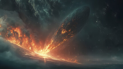 Dramatic illustration of a comet approaching earth, capturing the impending catastrophe with striking visuals and the rule of thirds composition. Cursed Celestial Bodies. Illustration