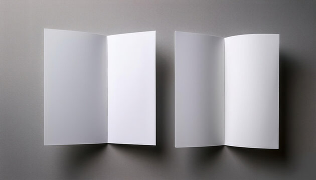 Open and closed blank brochures on soft grey background, showcasing versatility and design potential