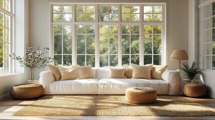 cozy virtual living room background with large windows for online meetings and presentations