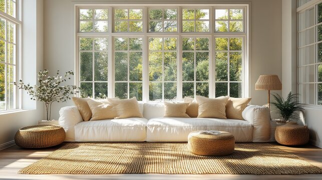 cozy virtual living room background with large windows for online meetings and presentations