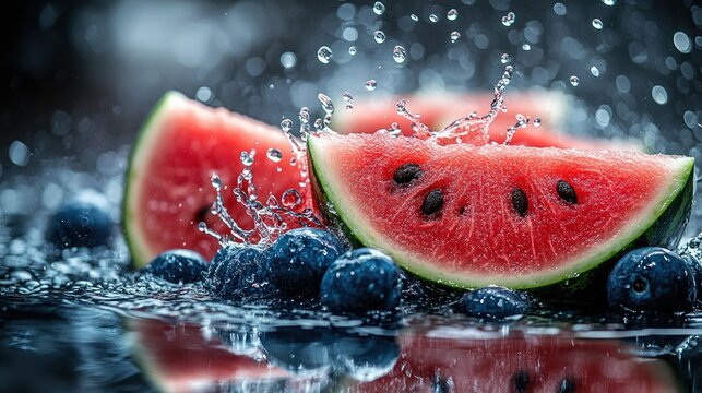 Vibrant watermelon slices splashing in water against a blue background