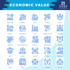 Economic Value icon set containing Problem Solving, Cost Effective, Mindset, Profitability, Employee, Excellence, Risk, Ipo, management service, Competitive, Adaptability icon. Simple vector