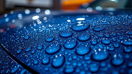 Blue car, water droplets, detail, shine, garage background, automotive advertising
