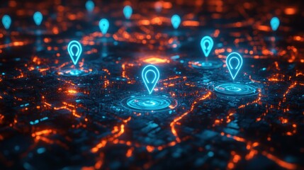 Futuristic Cyberpunk City Map with Glowing Blue Location Pins for Navigation and Urban Planning