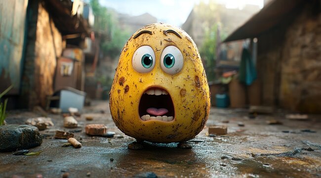 Whimsical Cartoon Potato Character with Colorful Accessories in Playful Scene