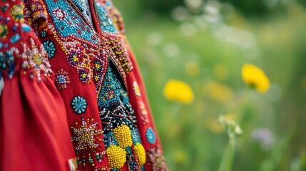 Vibrant Ukrainian Beaded Embroidery Details in Meadow with Yellow Flowers