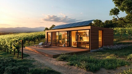 Sustainable home, modern living, solar panels vineyard, eco-friendly design, peaceful retreat, idyllic nature