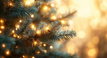 Close-up of Christmas Tree Branches with Soft Bokeh and Warm Lights