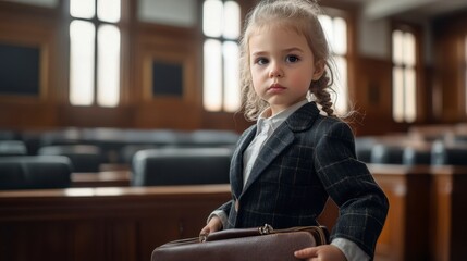 Serious Little Girl Lawyer Holding Briefcase in Courthouse, Confidence
