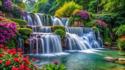 A serene waterfall cascades into a foamy river, surrounded by lush greenery and vibrant flowers, biodiversity