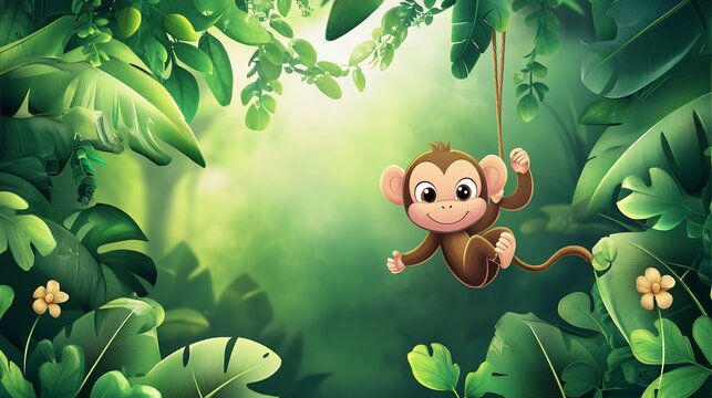 A cute animated monkey swinging happily in a vibrant jungle full of green leaves