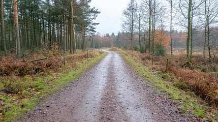 Wet gravel road through autumn forest (1)