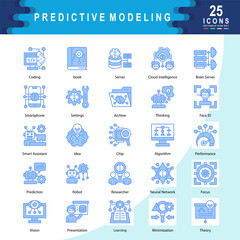 Predictive Modeling icon set containing Coding, Server, Settings, Archive, Thinking, Algorithm, Robot, Researcher, Neural Network, Chip icon. Simple line vector