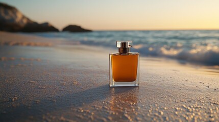 Perfume Bottle on Sandy Beach at Sunset - Golden Essence
