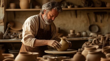 Focused Potter Shaping Clay with Precision in Rustic Workshop, Crafting Art