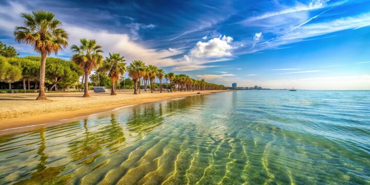 A scenic view of a sandy beach with palm trees and crystal-clear water in Lignano Sabbiadoro , beach, turism