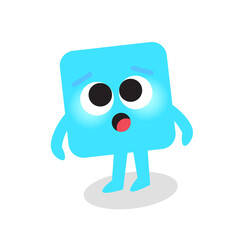 This is an image of a bright blue square-shaped character with an expression of surprise or shock. It has large, round black eyes with white highlights, conveying a startled or amazed emotion. Its lig