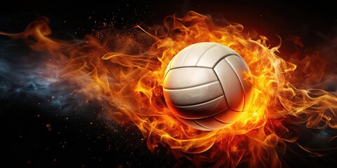 Naklejka premium A volleyball is engulfed in flames on a dark black background with intense orange and red hues surrounding the ball as it appears to be on fire, athletic action, fiery atmosphere