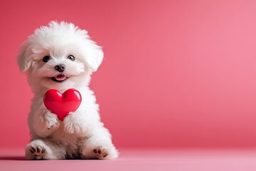 Cute bichon frise hound with diamond red heart - sign of love, funny greeting card. Bichon frise - my beloved dog. Promotion conceptual art. Romantic dog photography themes. Dog and roses.