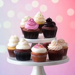 Colorful Cupcakes on a White Stand with Soft Blurred Background