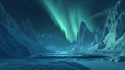 Arctic landscape, aurora borealis, night, mountains, ice