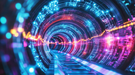 Obraz premium Abstract Tunnel of Light with Colorful Neon Circuits and Patterns