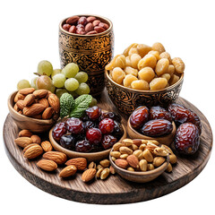 Simple yet aesthetic Iftar meal with fruits, nuts, and dates, isolated on transparent background, png
