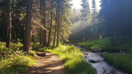 Obraz premium Serene Forest Trail with Sunlight Glowing Through Trees