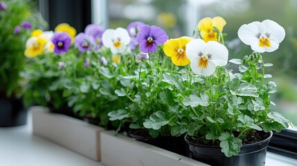 Fototapeta premium Colorful pansies in pots on windowsill, garden view