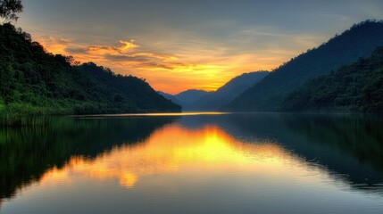 Fototapeta premium Golden Sunset Over Mountain Lake