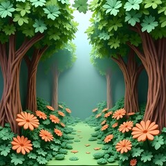 Obraz premium A changing spring forest: Trees, leaves, and flowers in strange shapes, beautiful forest areas made from paper quilling