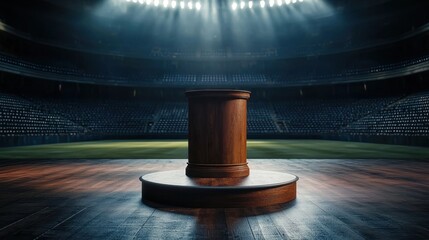 A wooden podium stands center stage in an empty stadium, illuminated by dramatic lighting