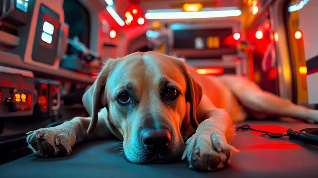 A Labrador lying on the bed of an ambulance, in the style of a real photo. The background is inside an emergency vehicle with lights flashing and medical equipment