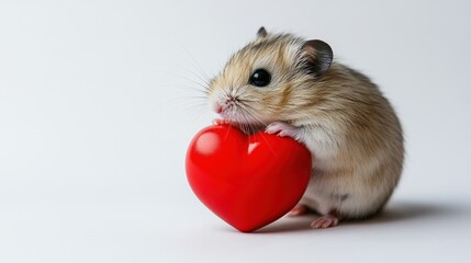 Cute hamster nibbling on the edge of a red heart, surrounded by a white background for a clean and minimalistic composition.