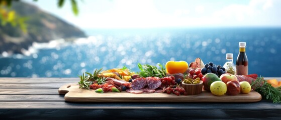 Fresh meat and assorted fruits on wooden table near the sea
