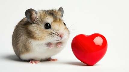Playful hamster standing next to a vibrant red heart, looking directly at the camera, on a pure white background.