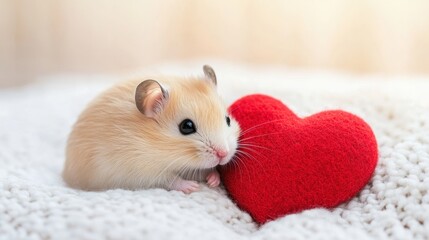 Sweet hamster peeking over a large red heart, with a crisp white background creating a playful and endearing vibe.