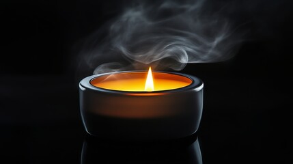Ceramic candle holder with glowing flame and rising smoke on black background, serene and contemplative atmosphere concept