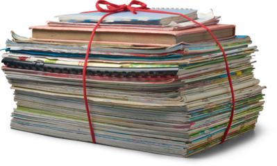 stack of books, pile of old used books and papers tied together isolated white background, collection of textbooks or notebooks, educational or academic context organization or archival concept