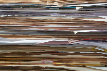 stack of documents in close-up, pile of old used disorganized papers stored abstract background,...
