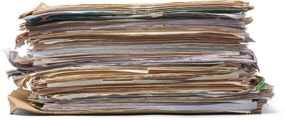 stack of documents, pile of old used disorganized papers stored isolated white background, disorganization or messy arrangement, backlog of paperwork or unfinished tasks concept