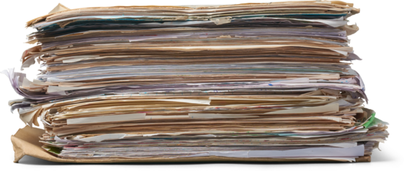 stack of documents, pile of old used disorganized papers stored isolated white background, disorganization or messy arrangement, backlog of paperwork or unfinished tasks concept