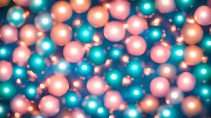 Festive Spherical Ornaments in Shimmering Light Peach and Blue on a Dark Background.